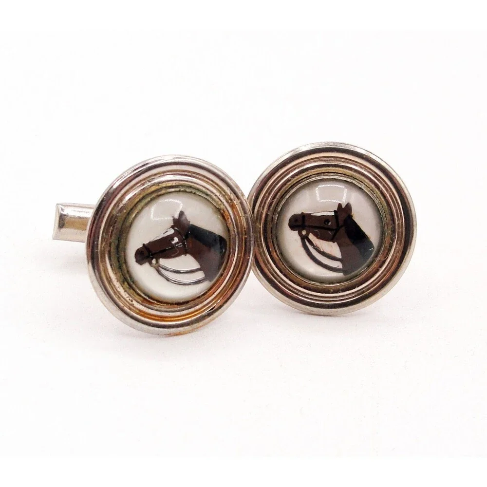 Vintage Silver Reverse Painted Intaglio Glass Horse Head Equestrian Cufflinks